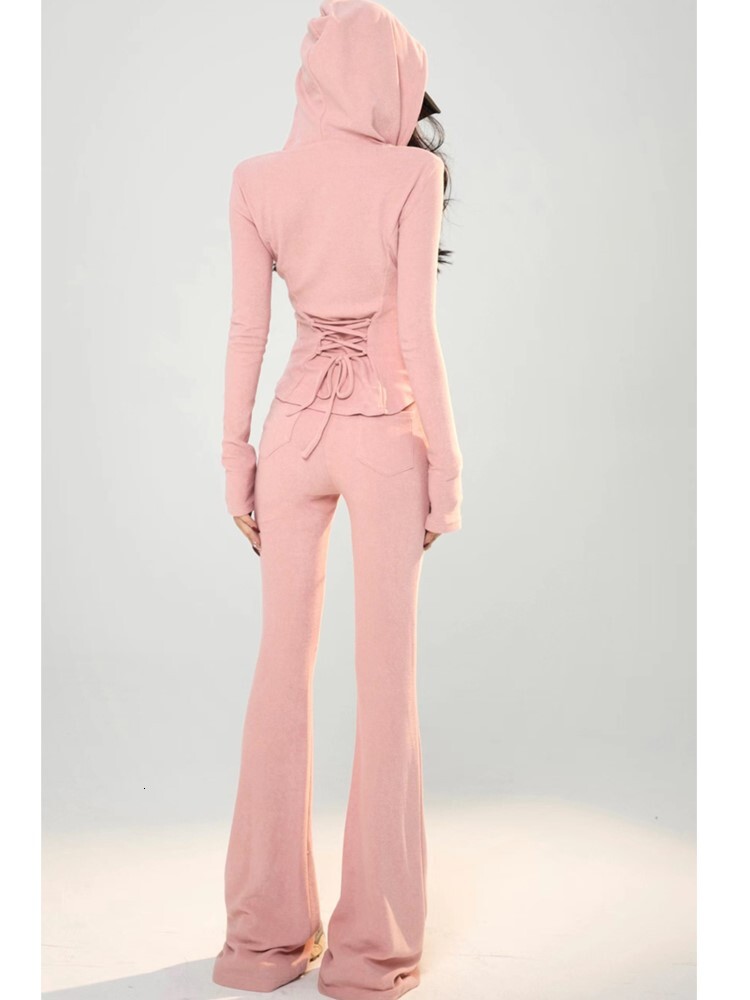 Y2k High Street Two Piece Set Tracuit Women Hooded Zipper Jacket + Drawstring Wide Leg Pants Korean Fashion Solid Slim Outfits
