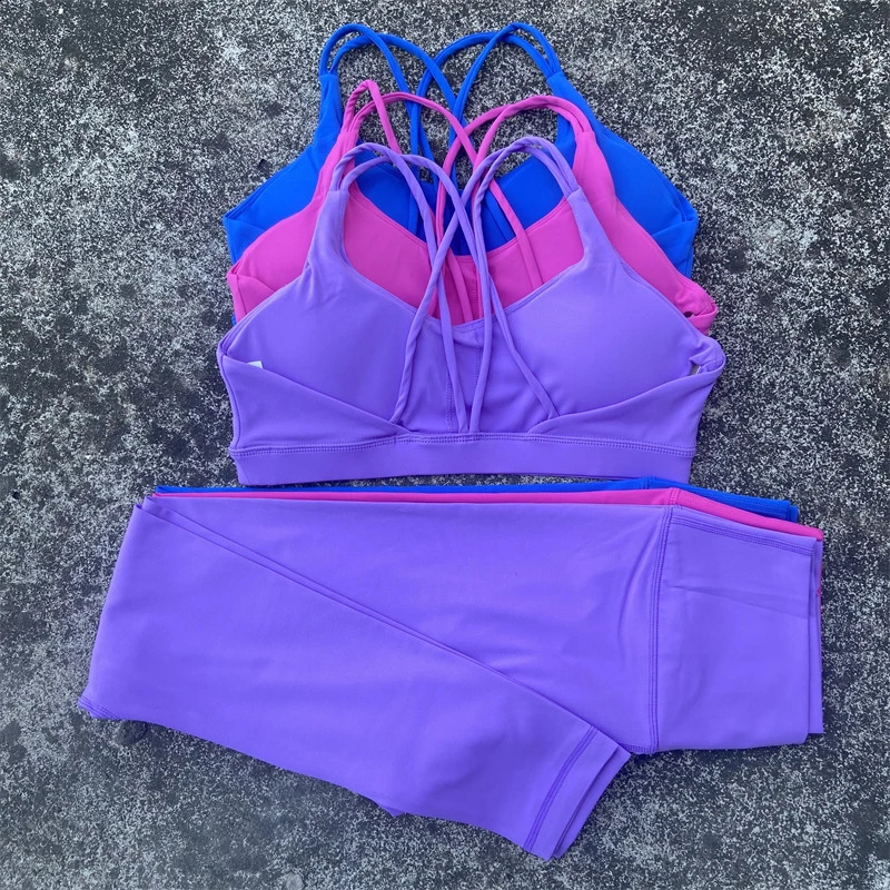 Yoga Set Gym Sports Set Cross Straps Bra Top And High Waist Leggings 2 Piece Women Workout Outfit Fitness Suit Running Tracksuit 240914