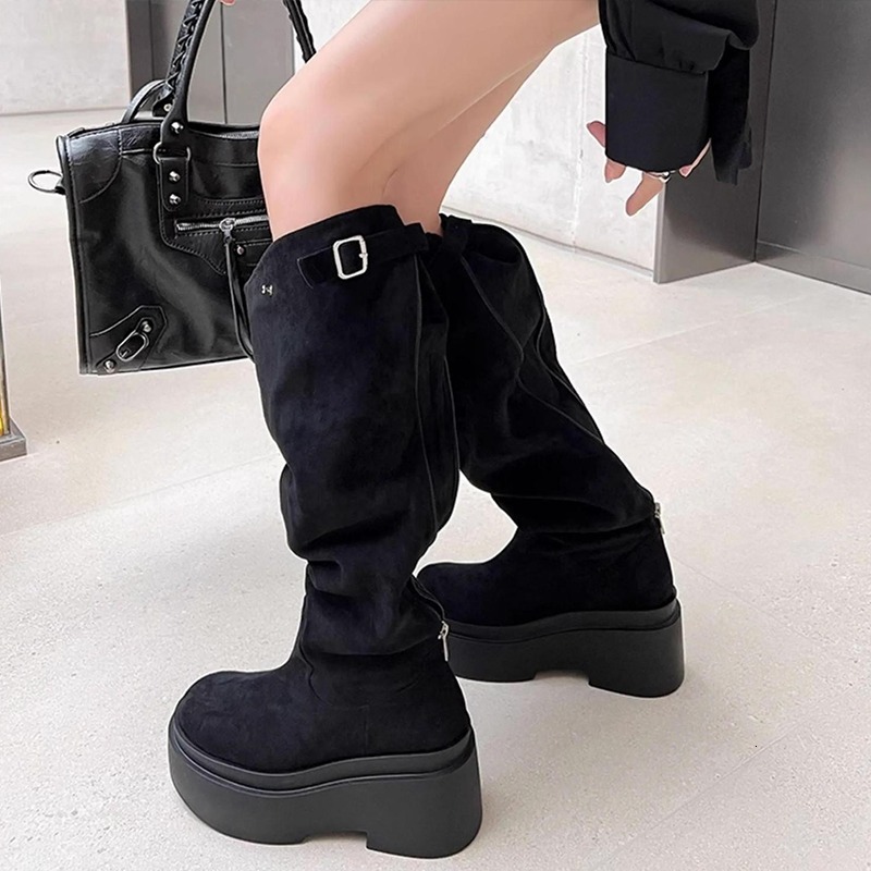 Platform High Suede Women Shoes Brand New Pleated Designer 2024 Trend Retro Fad Comfort Woman Boots Hot Sale Mujer Booties