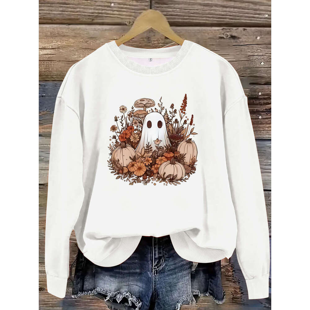 Hallowmas Autumn and Winter Womens Casual Long Sleeved Round Neck Cartoon Ghost Print Pullover Sweatshirt Hoodie Defined Jacket Jackets Womens Autumn 