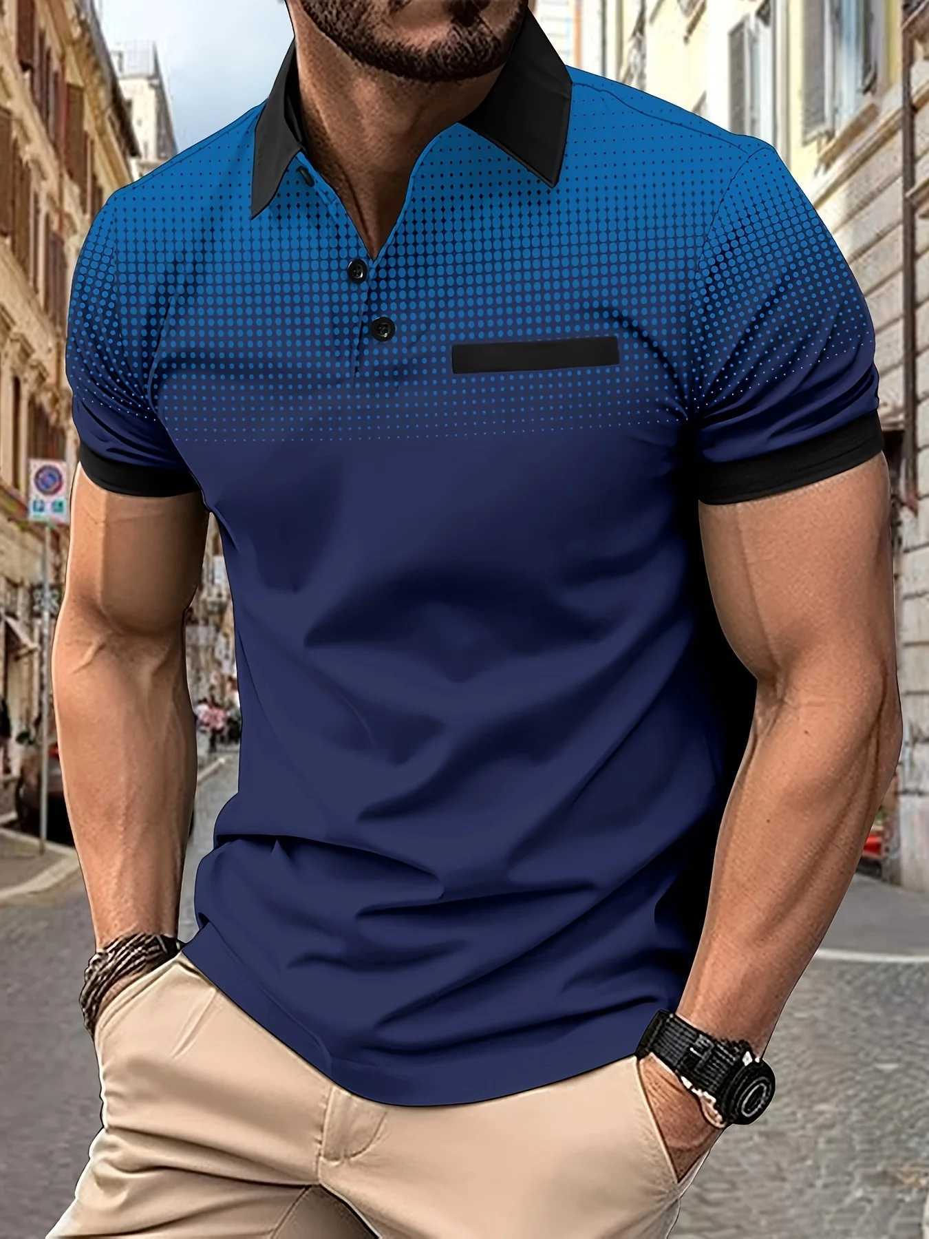 Mens Stylish Gradient Color Short Sleeve Shirt - Lapel Collar 1/4 Button Closure Simple Print Polo ShirtX240920