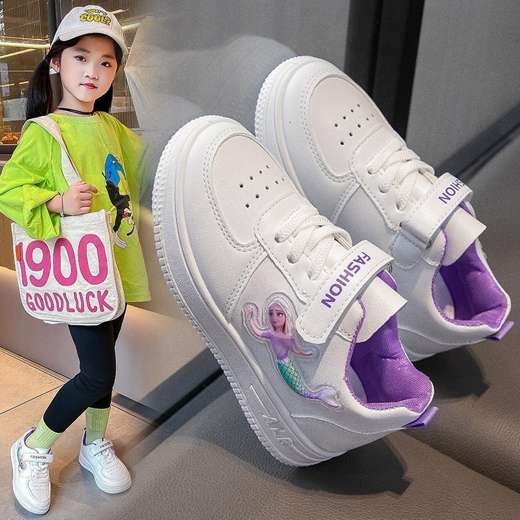 Children's girls' students' flat casual sports shoes, low top round toe white running board shoes