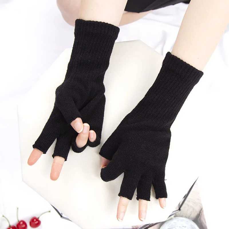1Pair Black Unisex Half Finger Fingerless Gloves for Women Men Wool Knit Wrist Cotton Gothic Gloves Winter Warm Workout Gloves Y240919