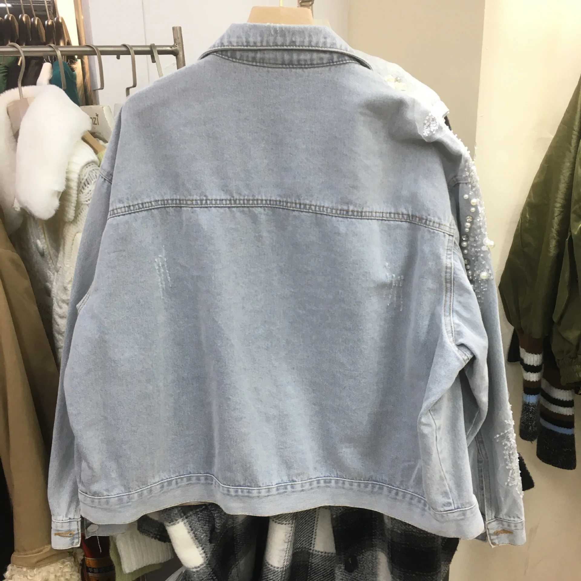 Women Pearls Beaded 3D Floral Lace Embroidery Sequin Denim Coat Flowers Diamonds Distressed Jeans Jacket Cowboy Cardigan TopsX240920
