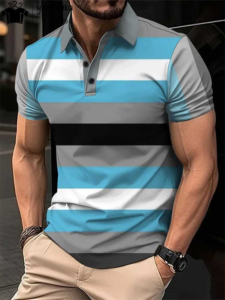Mens Summer Short Clothes Sleeved Lapel 3d Printed T-Shirt Digital Striped Polo Shirt Mens Business Casual Fashion Top ClothesX240920