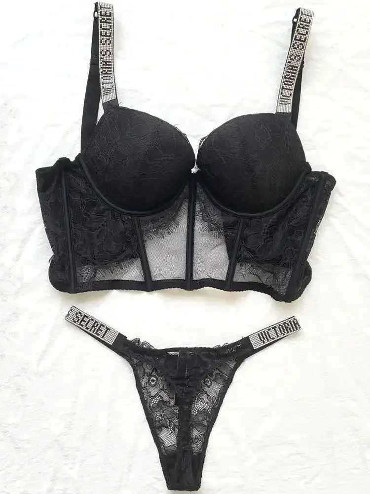 Bras Sets Lace Letter VS Brand Design Sexy Rhinestone Underwear Women Comfort Push Up Bra Panties 2 Piece Brief Suit Seamless Lingerie Set Y24092