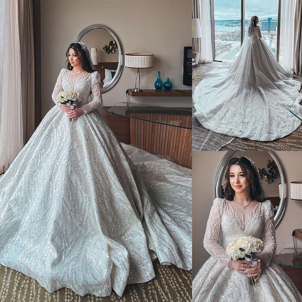 Glitter Sparking Wedding Dresses Sequined Sheer Neck Bridal Gowns Custom Made Jewel Pearls Royal Train Vestido De Novia