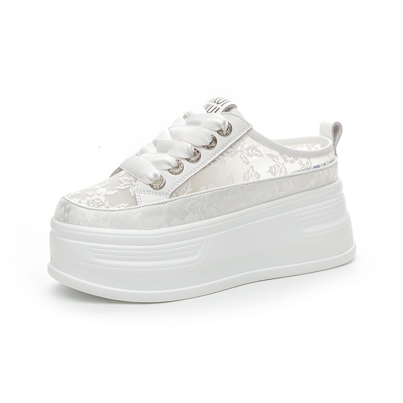 Thick soled inner raised small white shoes with breathable mesh for women. 2024 Summer New One Step Leather High Heel Single Shoes