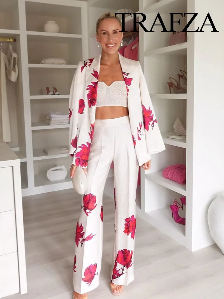 TRAFZA Women Print Lapel Long Sleeves Pocket Decorate Blazer TopSlim Loose Side Zipper Wide Leg Pants 2 Piece Set Elegant 240919