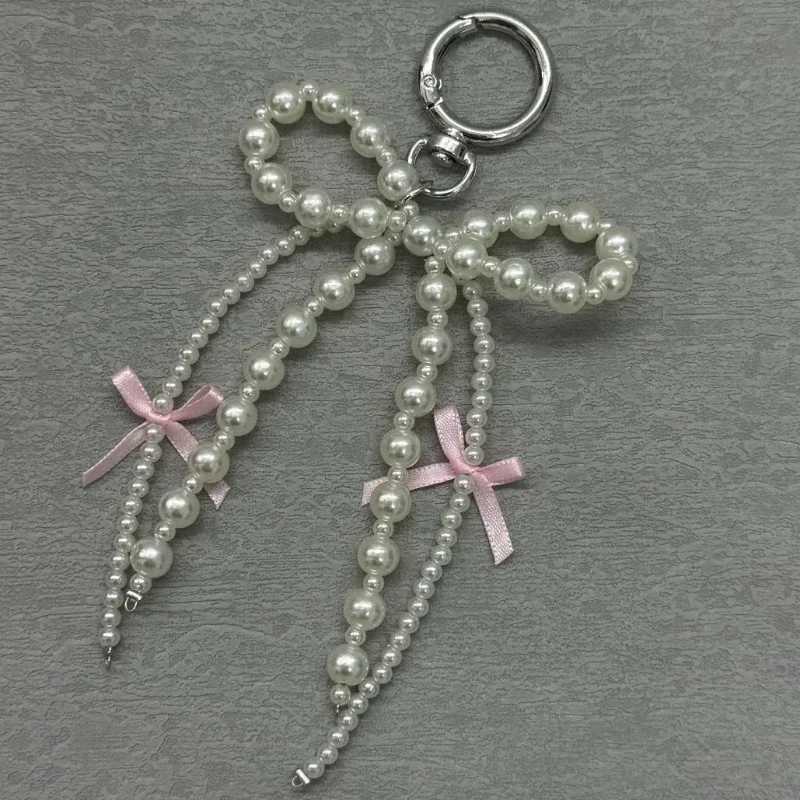 New White Bowknot Heart Keychain Women Sweet Charm Pearl Bow Backpack Key Ring Handmade Jewelry Ornament Bags Pendants GiftsX240919