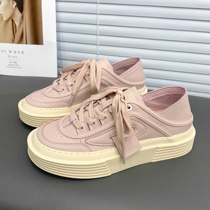 White Small Female 2023 Spring New Casual Thick Two Wear Low Help Soft Bottom Lace-up Heel Board Women's Shoes 1b26