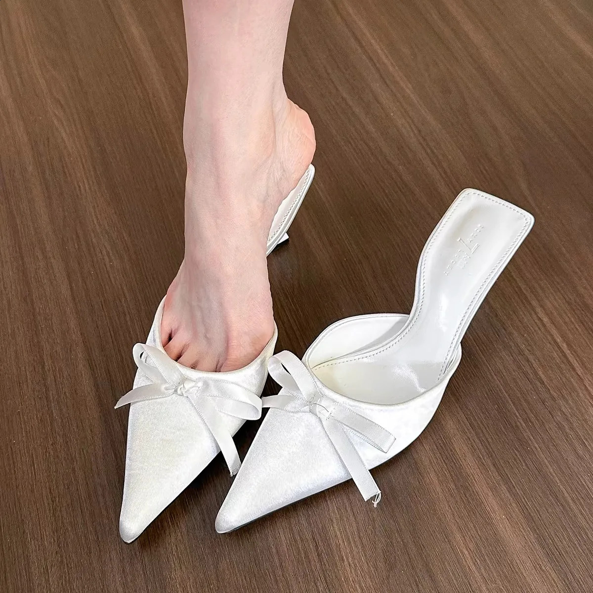 Silk Bow Womens Sliding Sandals Dot Toe High Heels Pump Womens Stripping Mule High Heels 240919