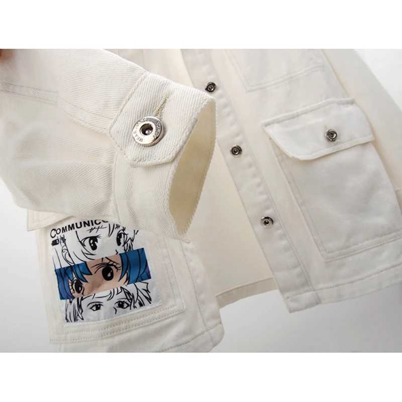 Fashion Beige Print Big Pocket Denim Jacket Women Loose Short Cowboy Outerwear Chaquetas Mujer Long Sleeve Jeans Jacket FemaleX240920