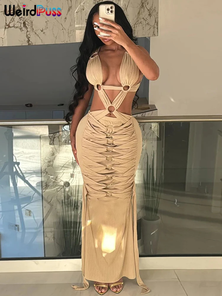 Weird Puss Cirque Cross Hollow Dress Women Sexy Chic Y2K Trend Backless Sleeveless Elegant Birthday Party Stretch Maxi Bodycon 240920