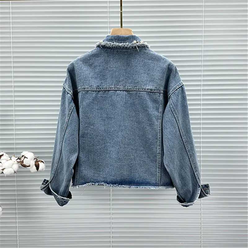 Blue Casual Short Denim Jacket Fashion Pearl Beaded Sequin Flowers Spring Women Loose Korean Lapel Long Sleeve Jeans Jacket CoatX240920