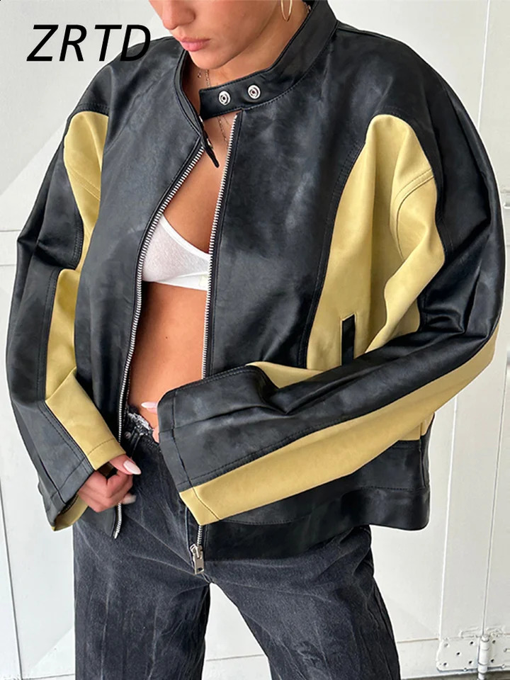 Vintage Patchwork Womens Leather Jacket Loose O-neck Long Sleeve Zipper Moto Biker Coats 2024 Autumn Lady Contrast Y2K Outwear 240920
