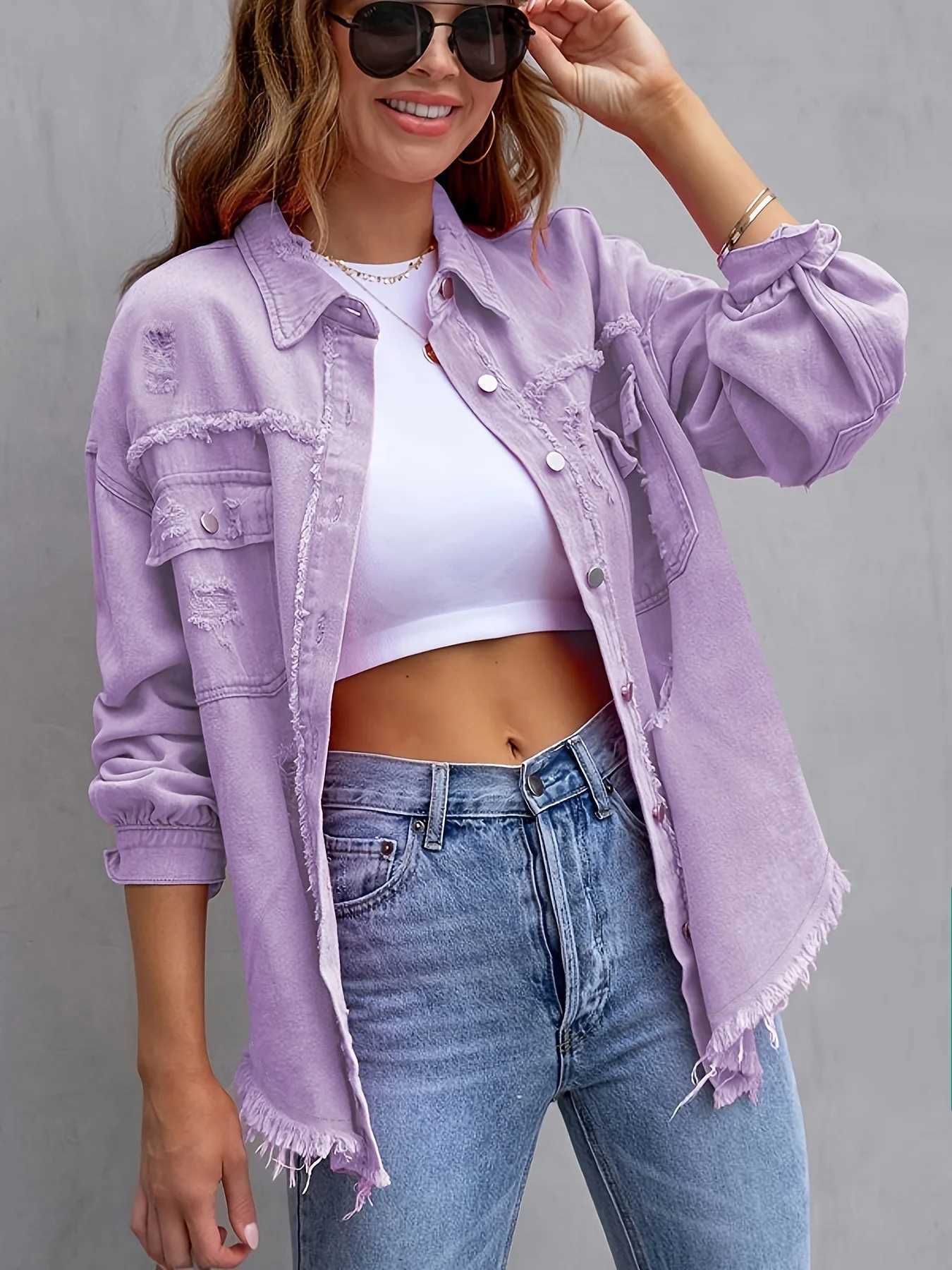 Women Denim Coat Turn Down Collar Long Sleeve Holes Jackets Single Breasted Button Cardigan Outerwear Pockets Solid SpringX240920
