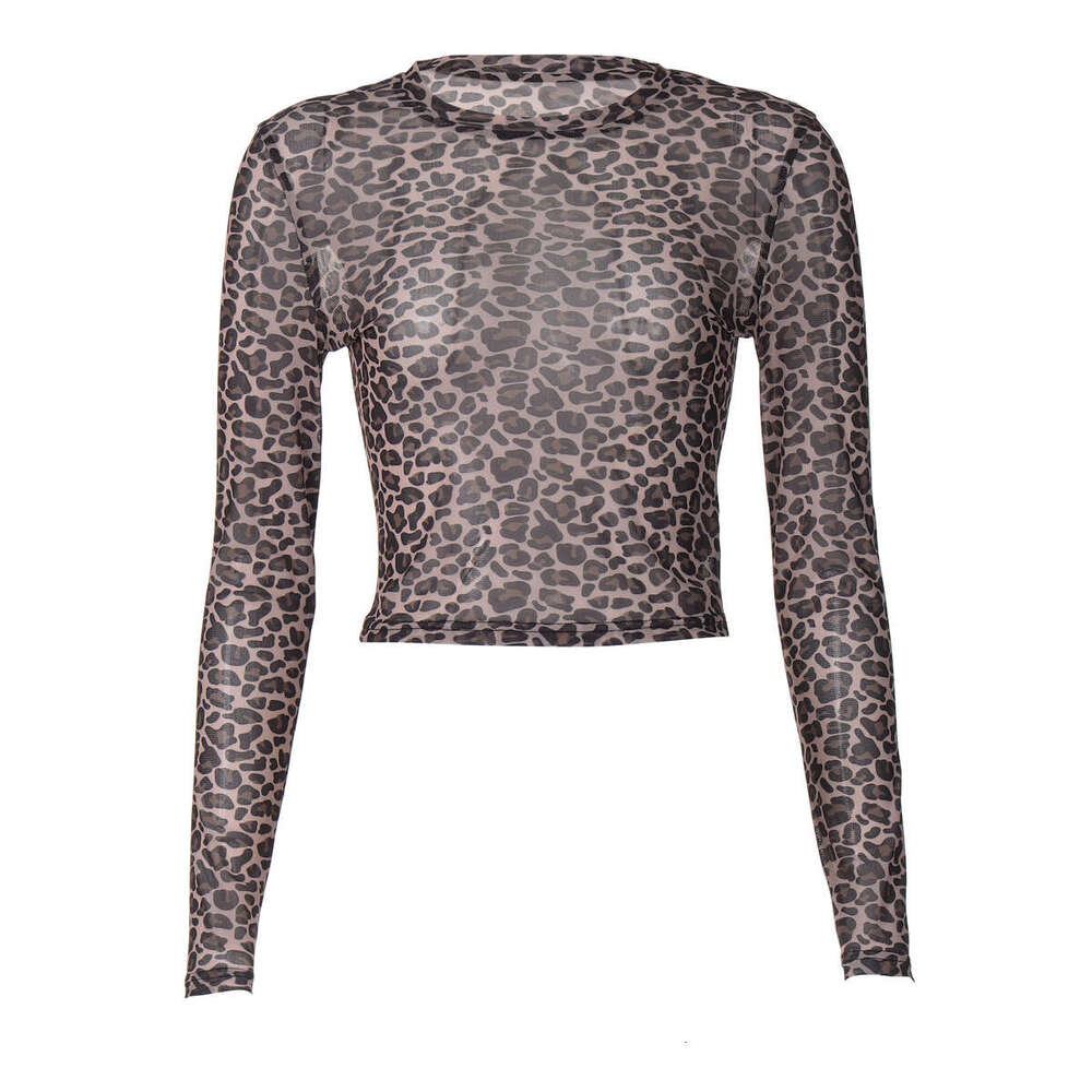Hallowmas Womens summer new round neck leopard print mesh see through long sleeved T-shirt top