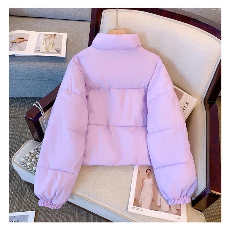 Women's Jackets Purple Short Winter Coat For Women Stand Collar Parka With Zippers Lace-Up Padded Jacket Korean Clothes Fashion B4