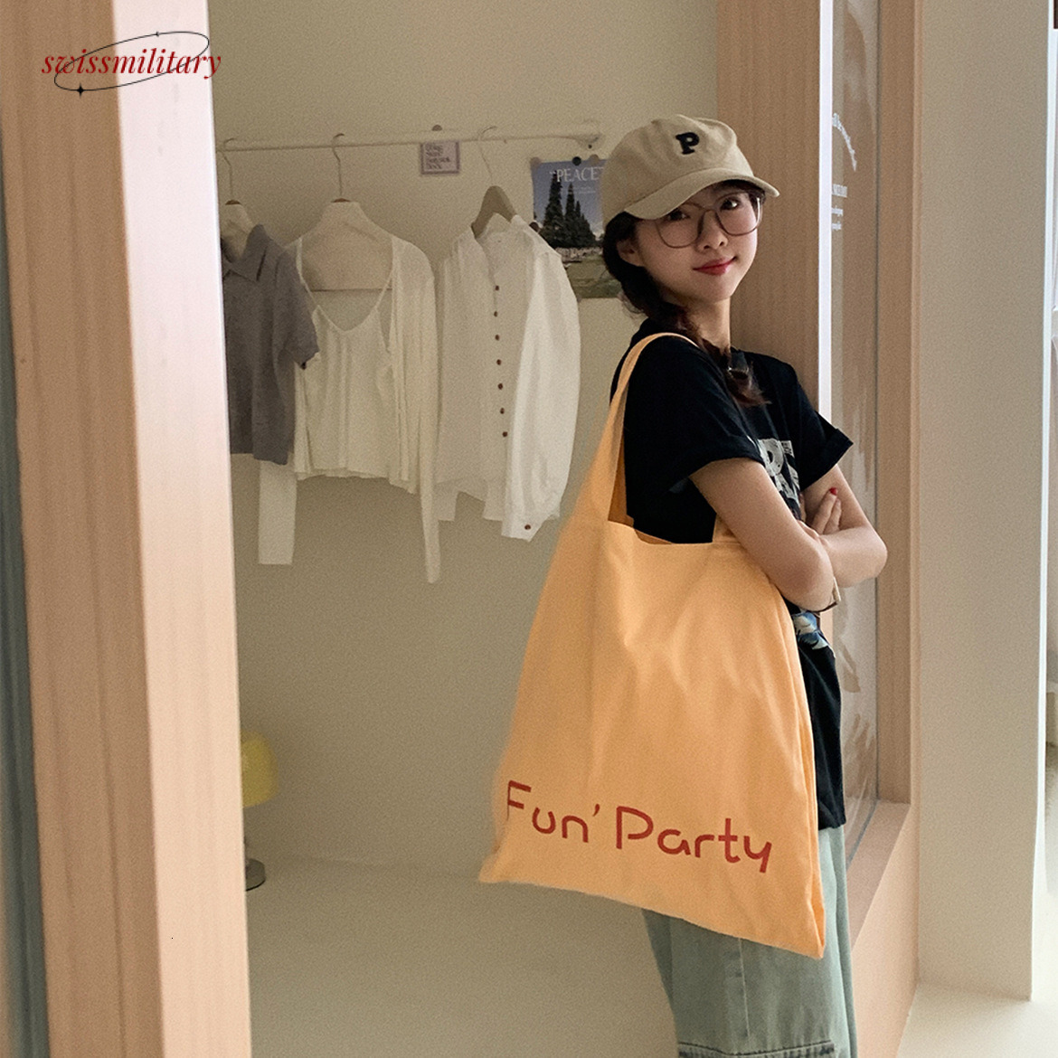 Small niche letter printed canvas Korean girl spring/summer cream colored large capacity cloth bag, college student class bag #19 Swissmilitary