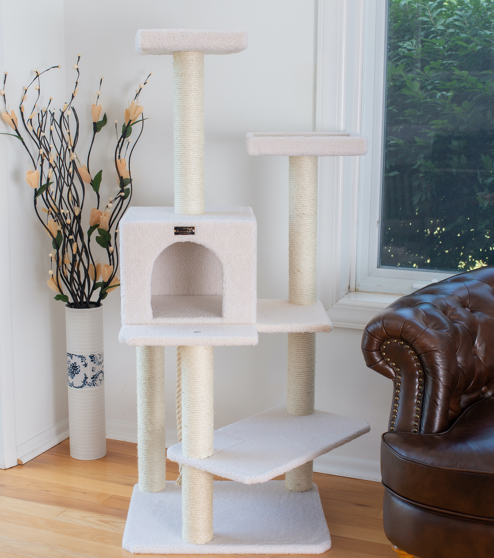Armarkat Ivory 57" High Real Wood Cat Tree, Fleece Covered Cat Climber, B5701