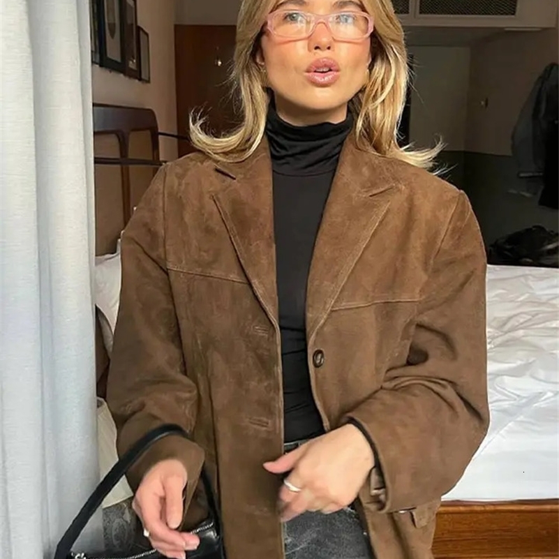 Casual Brown Lapel Pocket Suede Leather Jacket Fashion Woman Single Button Long Sleeve Crop Coat 2024 Lady Autumn Street Outwear y240919
