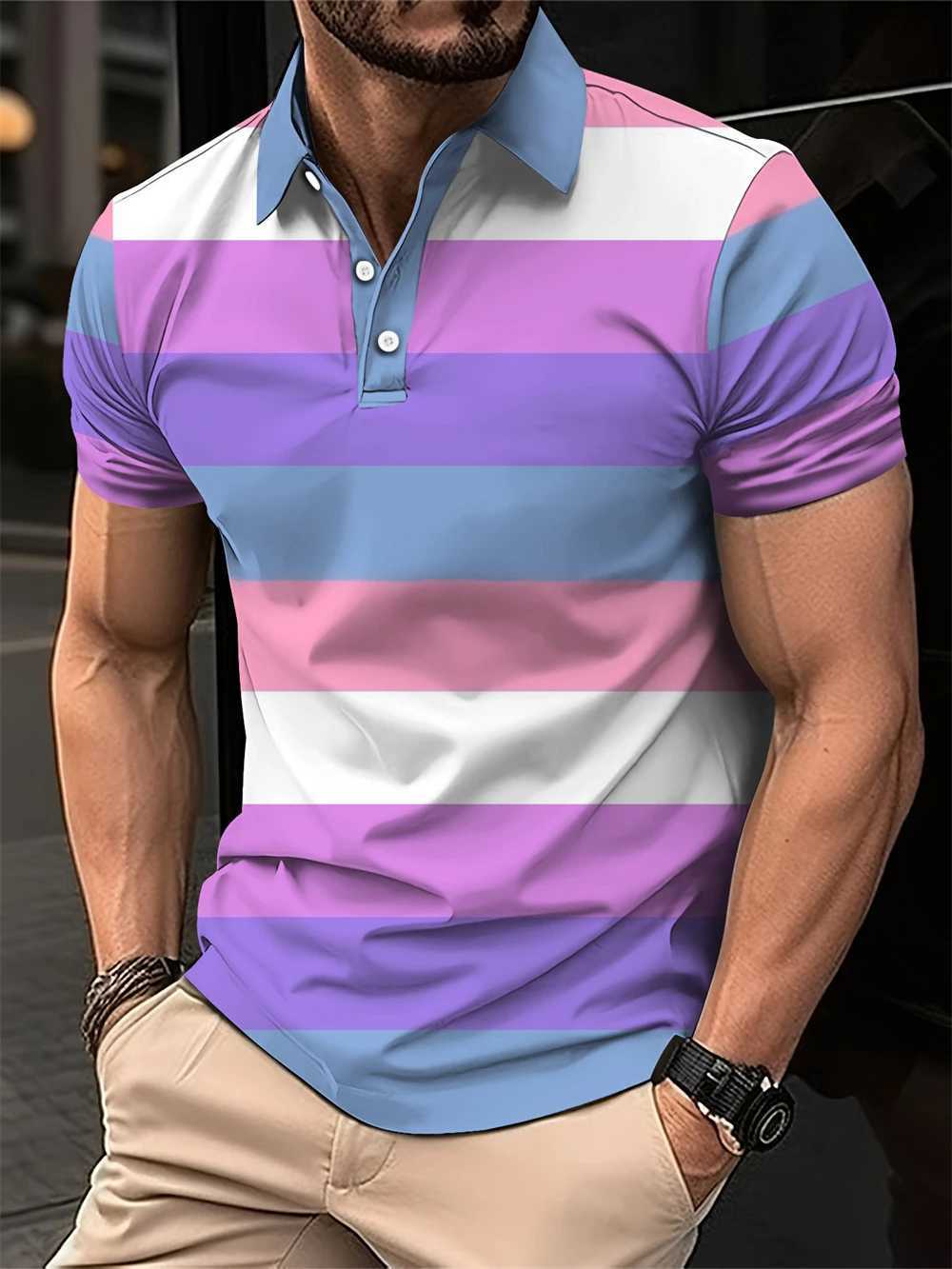 New Summer Mens Short Polo Lapel 3D Digital Printed Fashion Splice Striped Polo Shirts Mens Business Casual Tops Man ClothingX240920