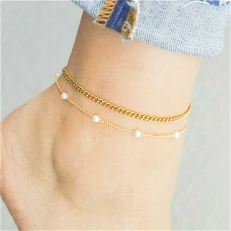 Boho Double Layers Anklets For Women Gold Color Metal Pearl Ankle Bracelet Summer Beach Ankle Chain Foot Jewelry Accessories Y240920