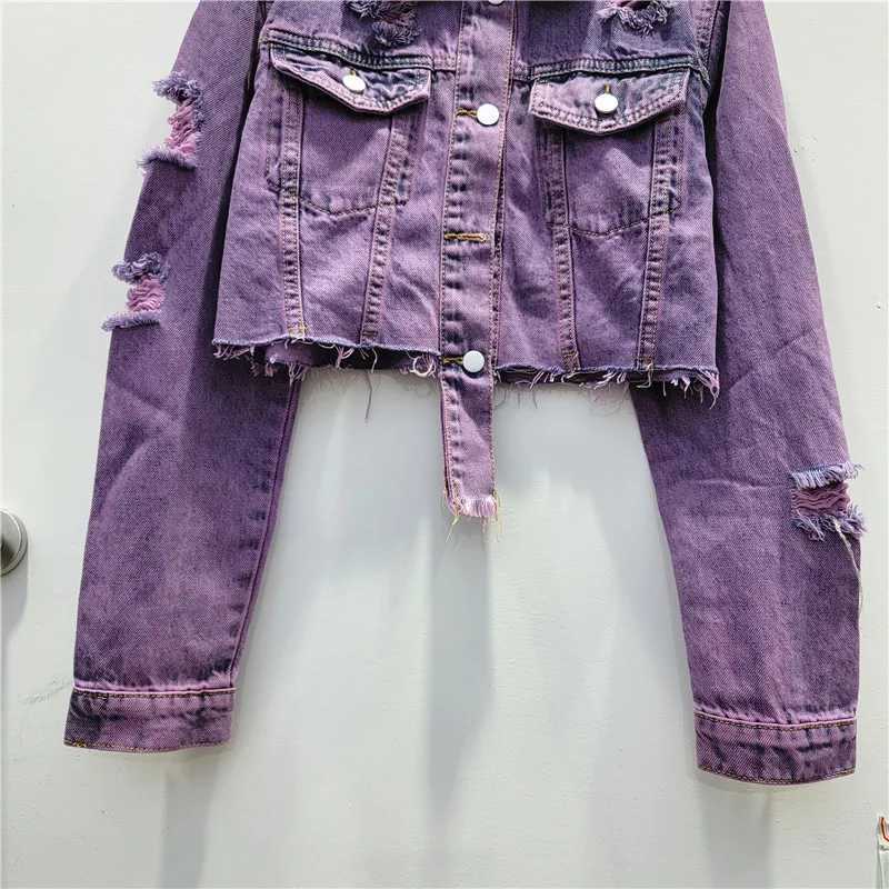 Harajuku Vintage Hole Denim Jacket Irregular Frayed Burrs Hem Purple Blue Spring Autumn New Women Short Jeans Jacket StreetwearX240920
