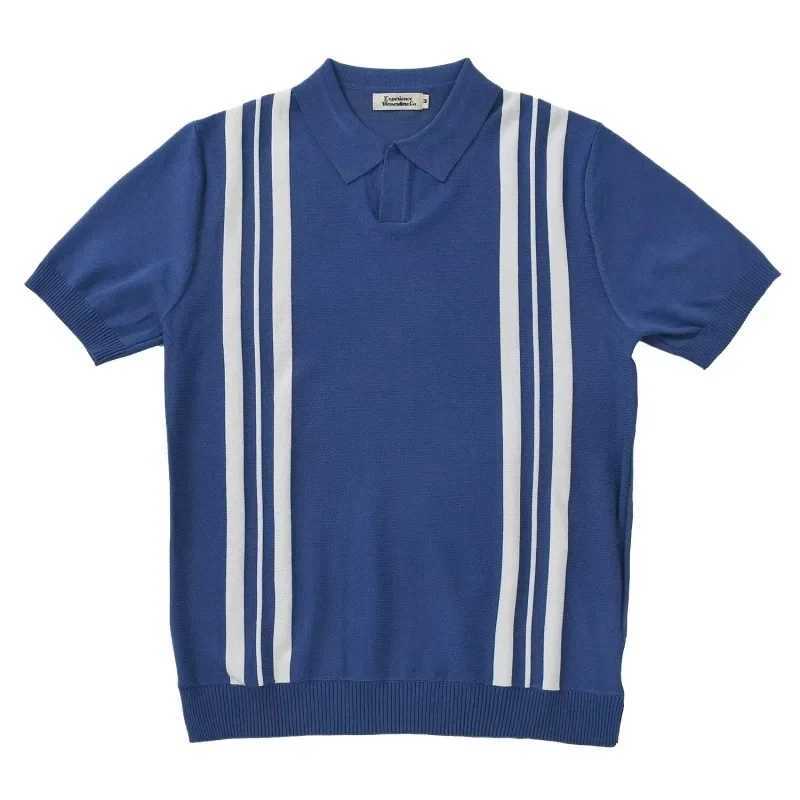 Mens Summer Polo Shirt American Style Vintage Casual T-shirt Knit Striped Color Block Short Sleeves Lifestyle ClothingX240920