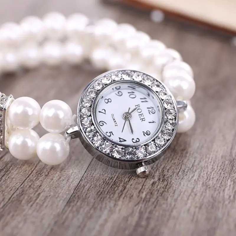 Women Watch Simulated Pearl Rhinestone Luxury Fashion Elegant Wrist Band Bracelet Jewelry Gifts Lady Elastic Universal CharmsX240920