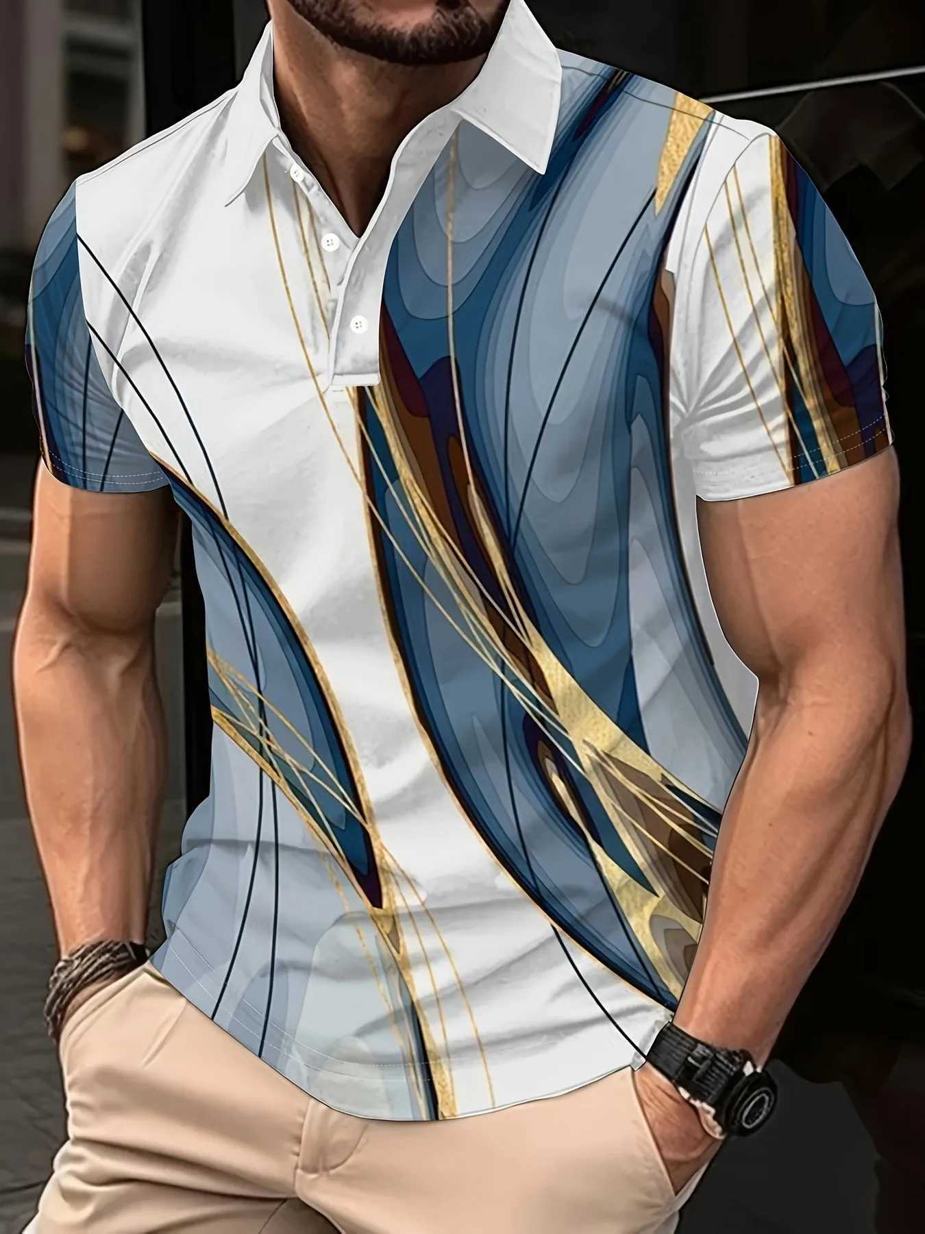 New Fashion Mens Gradient Line Summer Short Sleeved T-Shirt Casual Daily Lapel Top Polo Shirt Striped T-Shirt Mens ClothingX240920