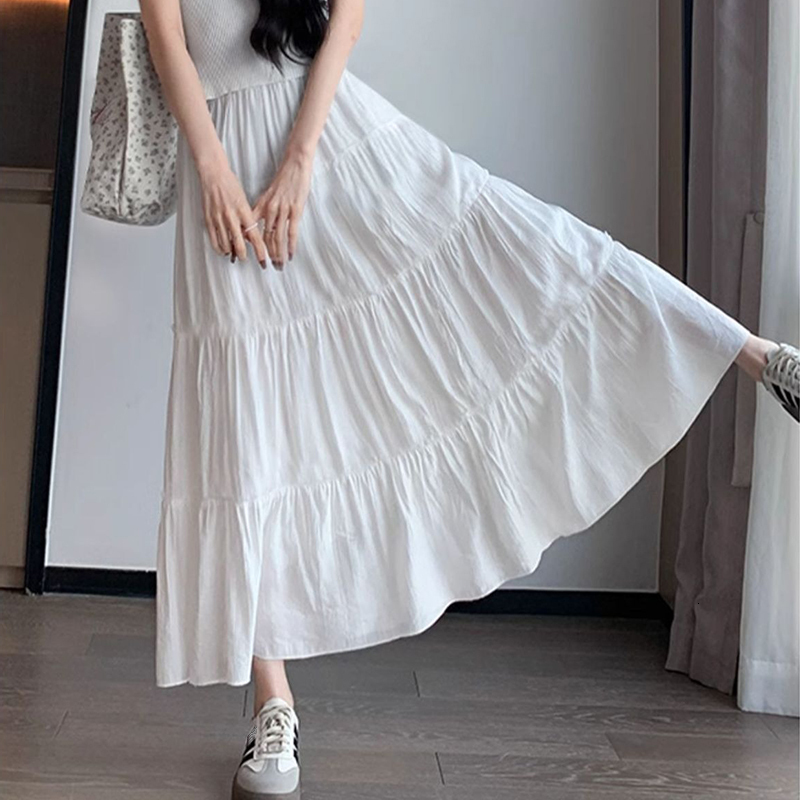 Summer Girls High Waist Korean Basics Sim Fit Skits Lady Pleated Long Skirts Woman Sweet White Pink Mori Girl Style A e Dress