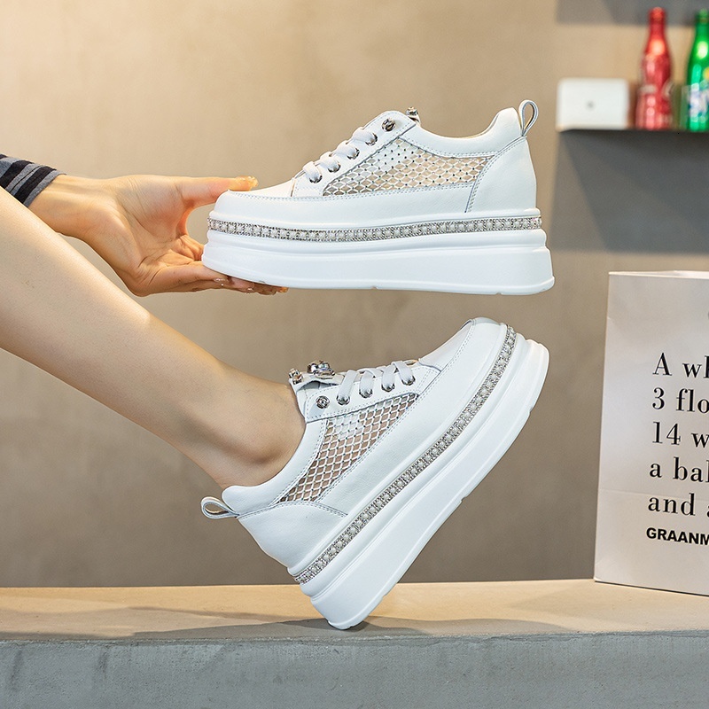 Thick soled inner raised small white shoes with breathable mesh for women. 2024 Summer New One Step Leather High Heel Single Shoes