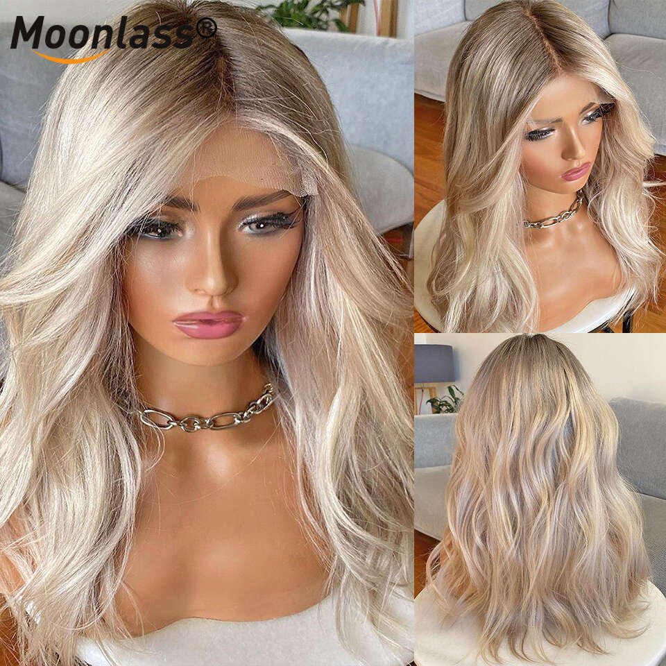13x6 Ash Blonde Ombre Human Wig 180 Density Body Wave Brazilian Remy Hair Front Preplucked Transparent Lace Wigs