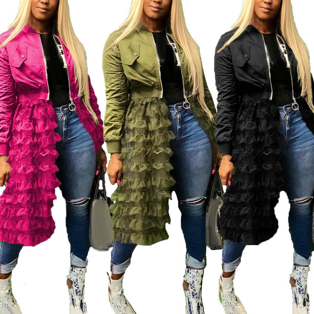 Women Long Sleeve zipper dress coat mesh lace Ruffle Patchwork long Jacket