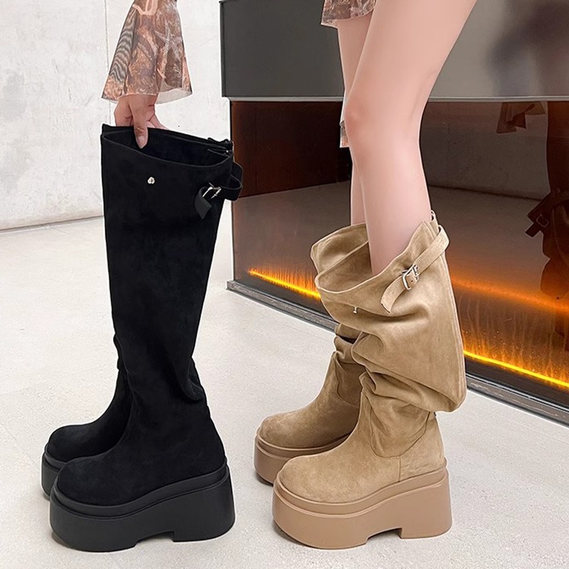 Platform High Suede Women Shoes Brand New Pleated Designer 2024 Trend Retro Fad Comfort Woman Boots Hot Sale Mujer Booties