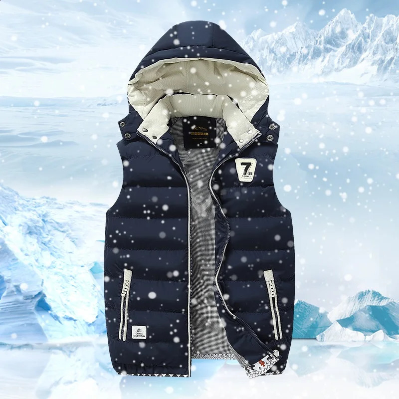5XL Men Winter Vests Hat Detachable Down Vest Casual Waistcoat Sleeveless Jackets Male Hooded Vest Outwear Warm Coats Windproof 240912