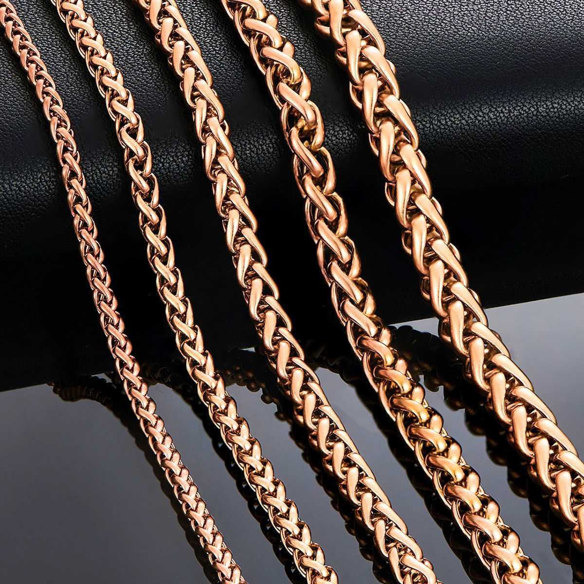 3mm/4mm/5mm/6mm/7mm Rose Gold Color Stainless Steel Wheat Braided Necklace Link Classic Curb Chain for Men Women JewelryX240919