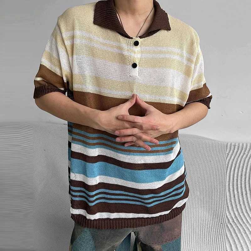 Summer Mens Clothing Light Luxury Mesh Striped Polo Shirt Korean Short Sleeve Button-down Retro Fashion Leisure Loose KnitwearX240920