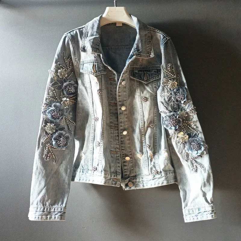 Womens Denim Jackets Diamonds Spring Autumn Female Jeans Coat Embroidered with Rhinestones Patchwork Sequin Print Graphic BlueX240920