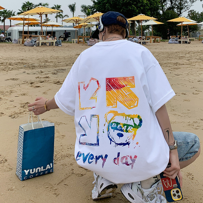 High quality 7.4oz 210gsm men's shoulder down large graffiti print short sleeved summer cotton top casual T-shirt