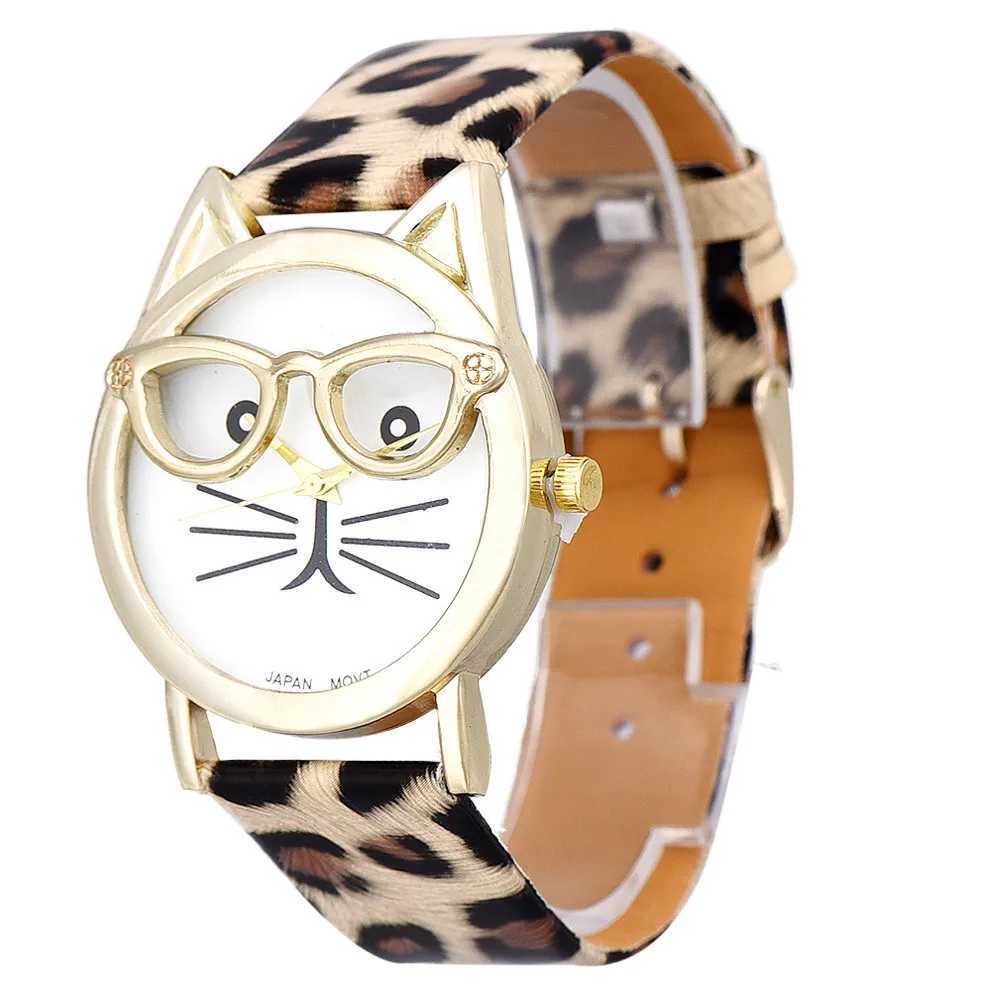 Fashion Leopard Print Watches Women Cute Glasses Cat Watches Ladies Faux Leather Band Quartz Wristwatches Best Gift Montre FemmeX240920