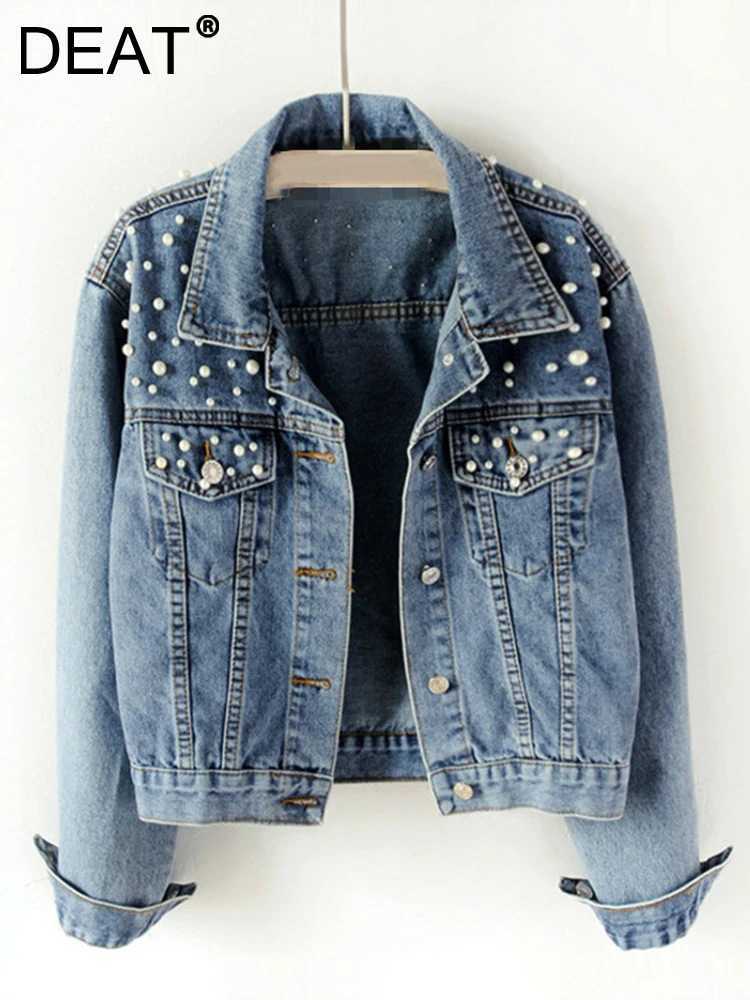 DEAT Fast Delivery New Autumn Fashion Womens Denim Jacket Full Sleeve Loose Button Pearls Short Lapel Wild Casual 2024 AP446X240920