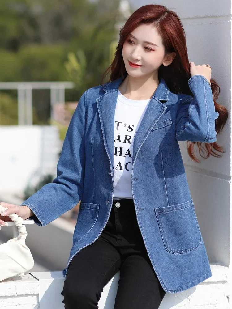 Fashion Denim Jacket Lapel Single Breasted Denim Jacket Lady Vintage Casual Pockets Solid Color Jean Blazer Spring Autumn WomenX240920