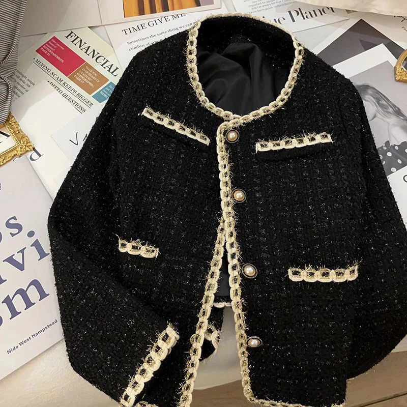 MEXZT Vintage Black Tweed Jacket Women Elegant Cropped Quilted Coat Korean Commute Blazer Winter Ladies Thicken Short Outerwear 240920