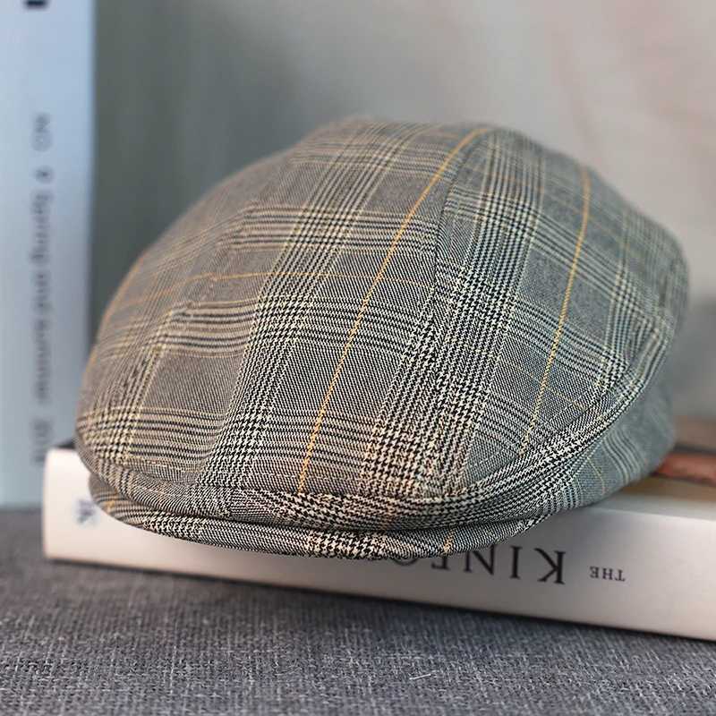 Gray Plaid Newsboy Hat Linen Cotton Womens Mens Ivy Cap Cabbie Driver Hat Spring Autumn Flat Hats Vintage Gatsby Beret A-53X240919