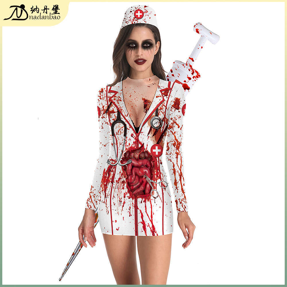 Hallowmas Hot selling womens Halloween nurse zombie round neck slim fitting long sleeved dress for women