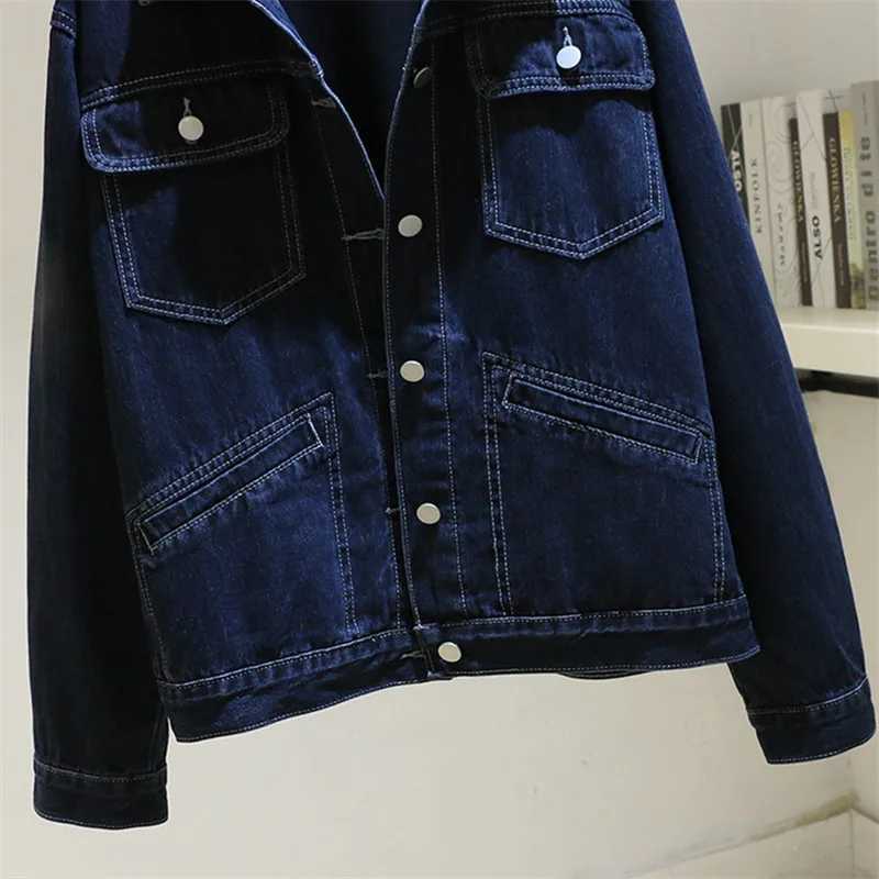Vintage Dark Blue Loose Short Denim Jacket Women Big Pocket Long Sleeve Cowboy Outerwear Spring Harajuku Jeans Jackets FemaleX240920