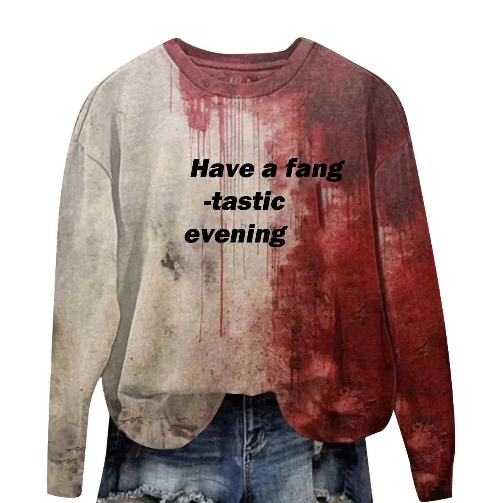 Women Halloween Horror Bloody Print Hoodies Long Sleeve Casual Sweatshirts Round Neck Workout Pullover Tops Sudaderas De Mujeres Y240920